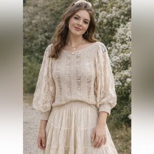 Fate Ivory Cream Lace Sleeve Knit Top Cottagecore Fairy Romantic Boho Sz S